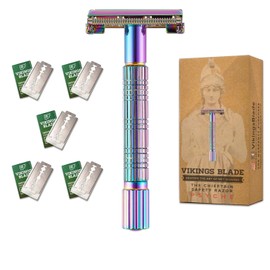 Maquinilla de afeitar de seguridad para mujer VIKINGS BLADE + 5 hojas de acero sueco. Cabezal de liberación rápida, doble filo. Suave, reutilizable, reciclable (modelo: Psyche)
