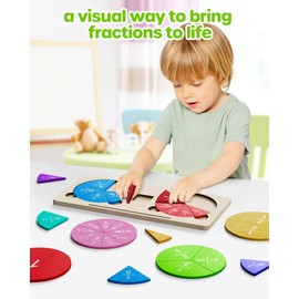 D-FantiX Wooden Fraction Educational Puzzle, Wood Fraction Tiles & Fraction Circles Set, Math Manipulatives for Elementary School, Montessori Fraction Manipulatives Games Learning Toys for Kids