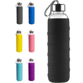 Ferexer Sports Glass Water Bottle with Silicone Sleeve 16 oz Black
