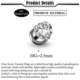Uqnwbdq 10G Silver Ear Gauges Tunnels Plugs Earrings for Ears 10 Gauge 316L Surgical Stainless Steel Diamond Single Flare Screw Fit Back Tunnels Plugs Hollow Gauges Size 2.4mm Women Men