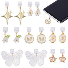 SUPERFINDINGS 14 Pcs Dust Plug Charms Acrylic Mobile Dustproof Plugs with Glass Pendants 7 Style Charging Port Protector with Mixed Shape for Cephone Charging Port