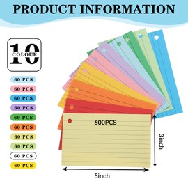 Flash Cards 5x3 Inch, 600 Pcs Coloured Revision Cards Lined Flash Cards with Ring, Record Cards Study Cards for Exams School Office Home Supplies