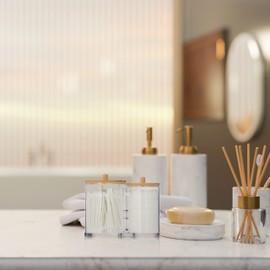 Relaxdays Plastic Container with Bamboo Lid, Organiser Cotton Pads and Cotton Swabs - Clear/Natural