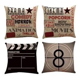 AIMALL 4PCS Movie Theme Linen Pillow Cases, 18 x 18 Inch, Heat Transfer Printing, Retro Movie Stamp Design, Decorative Cushion Covers for Home, Cinema Decor
