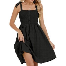 Smocked Dress Women Summer 2025 Vacation Trendy Ladies Black Feminine Flowy Shoulder Tie Sleeveless Fit and Flare Curvy Apple Shaped Bump Friendly Aline Beachy Short Flattering Dresses