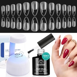 Beetles Gel Nail Kit Etch-X, Almond Medium, 500pcs 12 Sizes, with 9 in 1 Glue Mini Nail Lamp, Pre-Etched Half Matte Easy Extension Set for Home DIY Salon Manicure Art
