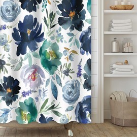 Yanutan Dark Blue Flower Shower Curtain,Navy Blue Floral Shower Curtain Set for Bathroom,Blue Green Watercolor Flower Fabric Bath Curtain with Hooks, 72x84in