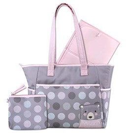 Premium Maternity Diaper Bag Set with Changing Pad | Durable Complete 3 Pieces Diaper Bag for Mom | Baby Tote Bag with Cute Design | Nappy Bag Ideal for Gift Shower and Travel (Pink Bear)