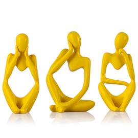 QIANLING 3 Piece Abstract Thinker Statue and Sculptures, The Thinker Figurine Ornaments, Minimalist Art Bookshelf Coffee Table Home Office Desk Tabletop Living Room Decor Figurine (Yellow)
