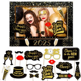 HOWAF Happy New Year Photo Booth Props With Frame, 2025 Gold Glitter Selfie Props for NYE Party Supplies, Cheers to The New Year Decoration