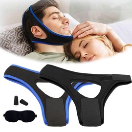 2Pcs Anti Snoring Chin Straps for Sleeping with 1pc Earplugs and 1pc Eye Mask, Adjustable Airflow Jaw Strap for Sleep Apnea, Breathable Stop Antisnoring Belt Aids for Men Women Kids