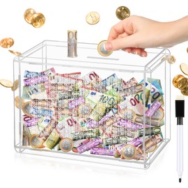 Kkluno Economy Box with Numbers Checks, Money Box 10,000 Euro, Piggy Bank Acrylic Money Box, Money Saving Challenge 10,000 Euro Saving Money Box, Transparent Piggy Bank for Children Adults