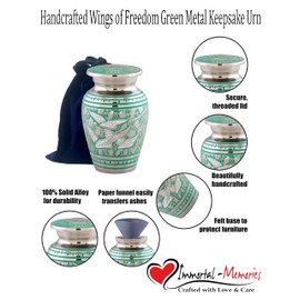 Small Keepsake Cremation Urns for Human Ashes - Beautifully Engraved Silver Metal Mini Urn - Pet Urn - Sharing Urn with Heart Shaped Velvet Case, Bag & Funnel (Green Birds)