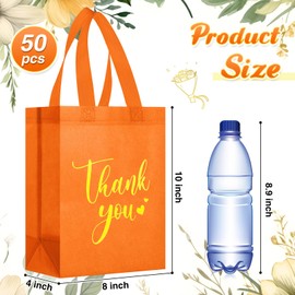SilTriangle 50 Pcs Thank You Gift Bags with Handles Bulk Thank You Non Woven Bags Reusable Gift Handbags Bridesmaid Souvenir Goodie Handbags for Wedding Shopping (10 x 8 x 4 Inch,Orange)