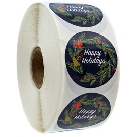 Navy Holiday Floral Happy Holidays Stickers / 1000 Blue Wreath Christmas Labels Roll / 1.5" Round Envelope Seals/Made in The USA