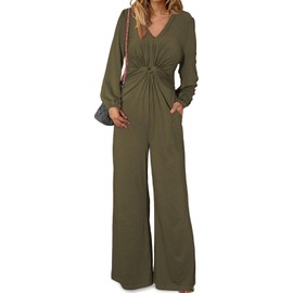 Happy Sailed Women's jumpsuits, rompers & overalls Formal V Neck Jumpsuit Twist Front Long Sleeve Runched Waist Wedding Guest Jumpsuit Evening Party Green Large