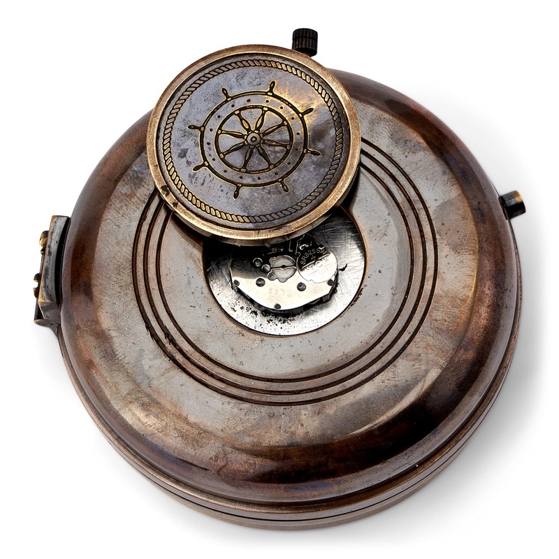 NKlaus Compass with Clock Antique Brass 8 cm Pocket Compass