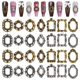 OLYCRAFT 100 Stück 14 Stile Rechteckige 3D Metall Nagel Charms Ovaler Rahmen Gothic Nagelkunst Charms Flache Rückseite Nagelnieten Retro Gold Silber Nagel Juwelen Kunstdekoration Vintage Punk