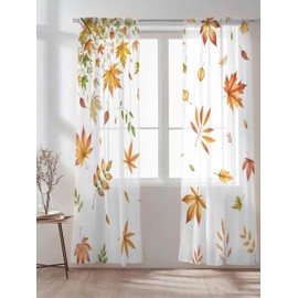 Fall Maple Leaves Sheer Curtains 84 Inches Long 2 Panels Set Rustic Leaves Light Filtering Curtains & Drapes Rod Pocket Voile Panel Curtain for Bedroom Living Room 52" W x 84" L