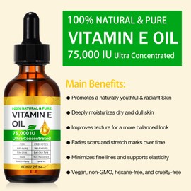 Pure Vitamin E Oil 75,000 IU, Organic Vitamin E Oil for Skin Scars Face & Full Body, Gua Sha Massage Oils for Moisturizing Dry Skin, Reduce Fine Lines, Fade Scars and Stretch Marks | Non-GMO, 60ml