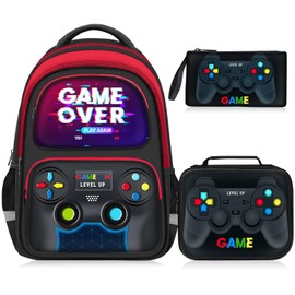 Fitvc School Backpack for Boys - 3pcs Gamer Boys Backpack with Lunch Box Set for Kids Teens Elementary Middle School - 17″ Video Game Bookbag Travel Back Pack for Age 6-18