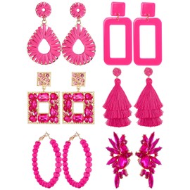 LOYALLOOK 6Pairs Hot Pink Earrings Raffia Drop Statement Earrings for Women Long Tassel Dangle Earrings Rose Petal Floral Tassel Earrings Rhinestone Square Cluster Drop Dangle Earrings Pink B