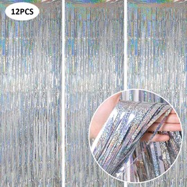 AZULDIMEN Paquete de 12 Unidades Cortinas de Malla Metálica Cortinas con Láser Flecos metálicos Cortina Brillante para cumpleaños Fiesta de Bodas Decoraciones navideñas (Plata)
