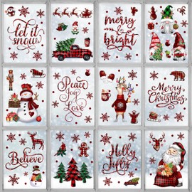 BORAMDO Christmas Window Clings 12 Sheets, Buffalo Plaid Christmas Window Decals Stickers, Removable Christmas Window Decorations for Glass Window Xmas Holiday Home Office Decor 12 Styles (Xmas Plaid)