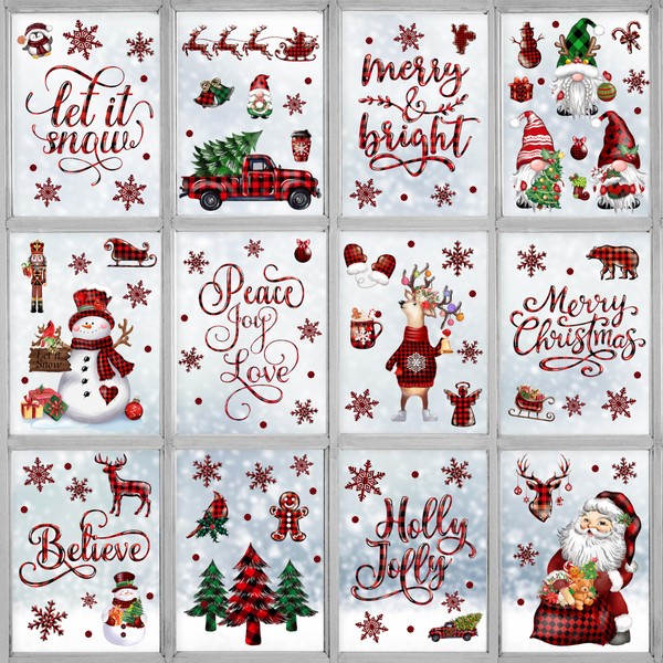 BORAMDO Christmas Window Clings 12 Sheets, Buffalo Plaid Christmas Window