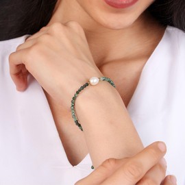 Gempires Emerald Beaded Bracelet with Freshwater Pearl, Beaded Bracelets, Pearl Bracelet for Women, Party Wear Jewelry, May Birthstone, 14k Gold Plated Chain (6.5+1 inch)