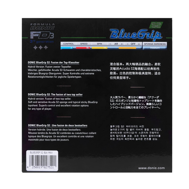 Donic Bluegrip S2 Table Tennis Rubber (Max, Black)