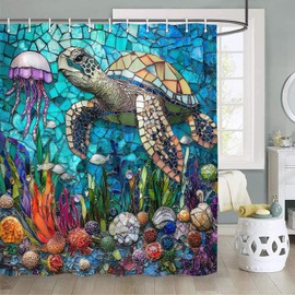 Aeyadis Nautical Sea Turtle Shower Curtains, Teal Blue Stained Glass Colorful Ocean Theme Sea Life Fabric Shower Curtain Set for Bathroom Decor, Waterproof Cloth with 12 Hooks, 72x72 Inch
