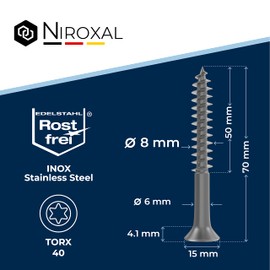 Wood Screws Torx Screws 8 x 70 Stainless Steel V2A Rustproof Chipboard Screws for Wood Partial Thread 8 mm Thick 70 mm Long Pack of 4 Stainless Steel Screws Wood A2