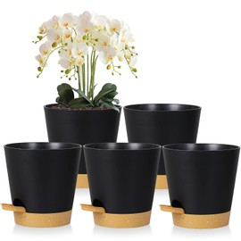 zople 5 Pack 5 inch Self-Watering Pots, African Violets Planter with Drainage Holes and Reservoir, Modern Plastic Planter for Indoor Outdoor Plants Flowers and Houseplants Black Brown