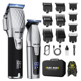 FADEKING® Pro Hair Clipper & Trimmer Set - 2600mAh Cordless Clippers, Zero-Gap Trimmer, 7000RPM Motor, Self-Sharpening Blades, Storage Case - Perfect for Fades & Beard Grooming(Silver Black)