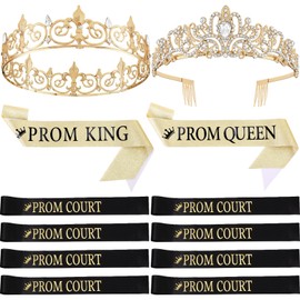 Saintrygo 12 Pcs Prom Crown and Sash Set, Prom King and Queen Tiara Rhinestone Crown Glitter Court Royal Satin Sash for 2025 Graduation Ball Dance Night Party Birthday Accessory(Gold,Stylish)