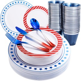 THALIA 180pcs 4th of July Plastic Plates - Red White Blue Plastic Silverware & Independence Day Plates,Include Dinner Plates,Dessert Plates,Forks,Knives,Spoons,Cups,Perfect for American Flag Day