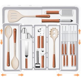 Kitchen Drawer Organizer Expandable Silverware Organizer for Drawer, Utensil Holder and Cutlery Tray, Kitchen Spatula Tools and Gadgets Storage with Removable Knife Blocks and 3 Dividers, White