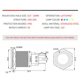 YMJSAN 16mm Latching Push Button Switch 12V DC On Off Stainless Steel Shell Self-Locking with LED Angel Eye Head for 0.63" Mounting Hole with Wire Socket Plug(Silver Shell Yellow LED)