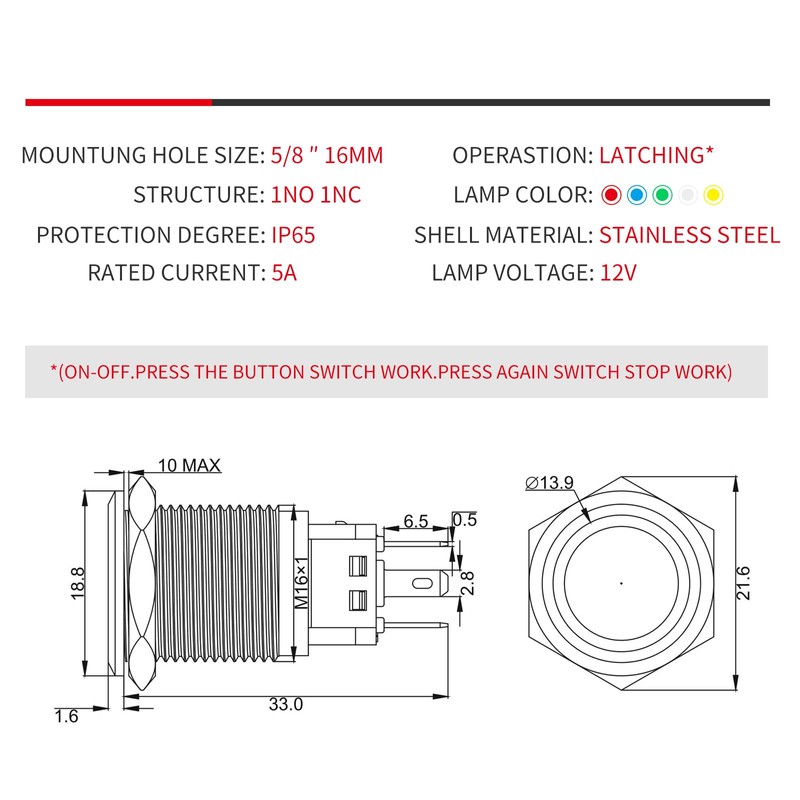 YMJSAN 16mm Latching Push Button Switch 12V DC On Off