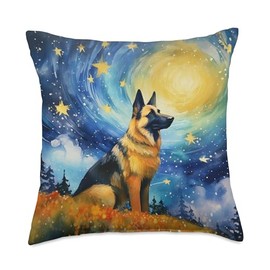 Starry Night Painting German Shepherd Dog Portrait Print Throw Pillow