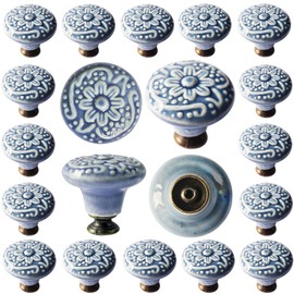 Perphin 1-2/5 inch Ceramic Kitchen Cabinet Knobs for Drawer Dresser Pulls Round Dresser Drawer Handles and Pulls for Home Furniture Decor Ceramic Knobs with 3 Size Screws (20, Blue)