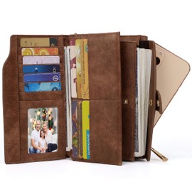 UTO RFID Blocking Wallet for Women Ladies Wristlet Purse 21 Slots Card Organizer Fits 5.5 Inches Cellphone PU Leather Tan