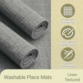 Q&J Fabric Co. Set of 6 Faux Linen Placemats 11.8x18'', Double Layered Thickened Cloth Place Mats Grey,Heat Resistant Farmhouse Table Mats,Washable Kitchen Decor for Indoor Outdoor Dining