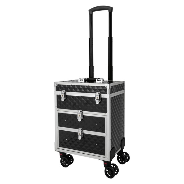 Goudergo 3 Tiers Professional Rolling Makeup Case with Sliding 2 Drawers,Makeup Case with 360° Rotatable Wheels,Hairdressers Cosmetic Organizer for Store Cosmetics and Makeup Tools