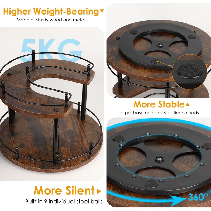 Turntable Lazy Susan Organizer Spice Rack, 2Tier Wooden Spinning Revolving