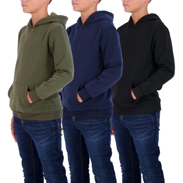 3 Pack: Youth Fleece Crew Neck Long Sleeve Soft Pullover Hoodie Sweatshirt Boys Girls Teen Sweater Uniform Active Athletic Gym Tops Clothes Kids Plain Black Blue Dry Fit Ninos Warm -Set 6, L (10/12)