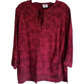 Curious Designs Tunic Blouse, Burgundy, Soft Tie Dye, Embroidered Spirals, Women's Medium, Rayon