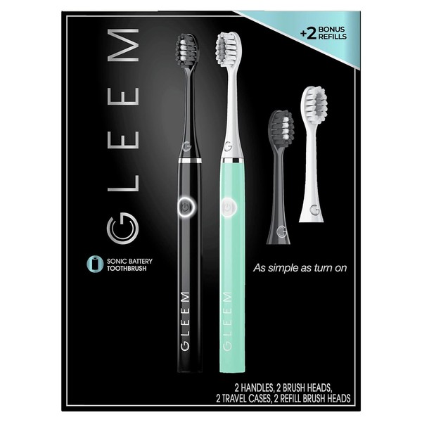 Gleem Electric Toothbrush, Battery Powered, Soft Bristles, Black and White (2 pk)
