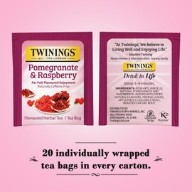 Twinings Pomegranate & Raspberry Tea - Naturally Caffeine-Free Herbal Tea Bags Individually Wrapped, 20 Count (Pack of 2)
